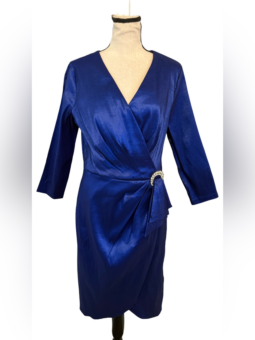 Alex Evenings Size 8 Royal Blue Faux Wrap Rhinestone Buckle Cocktail Dress NWT